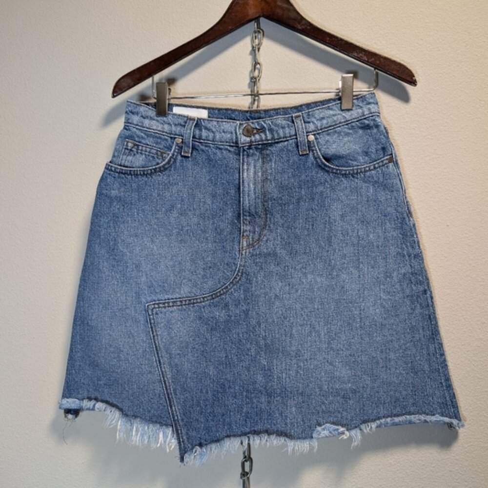 BLDWN Women Andie Frayed Fringe Asymmetric Hem Denim Jean High Waist Mini Sz 27